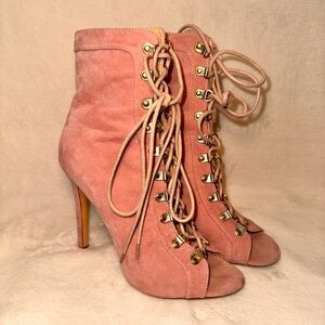 Pink Lace-Up Peep Toe High Heel Boots
